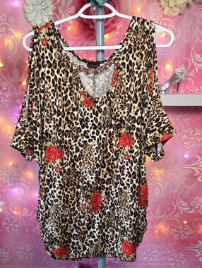 First Love Leopard Print Cold-Shoulder Blouse with Red Floral Accents